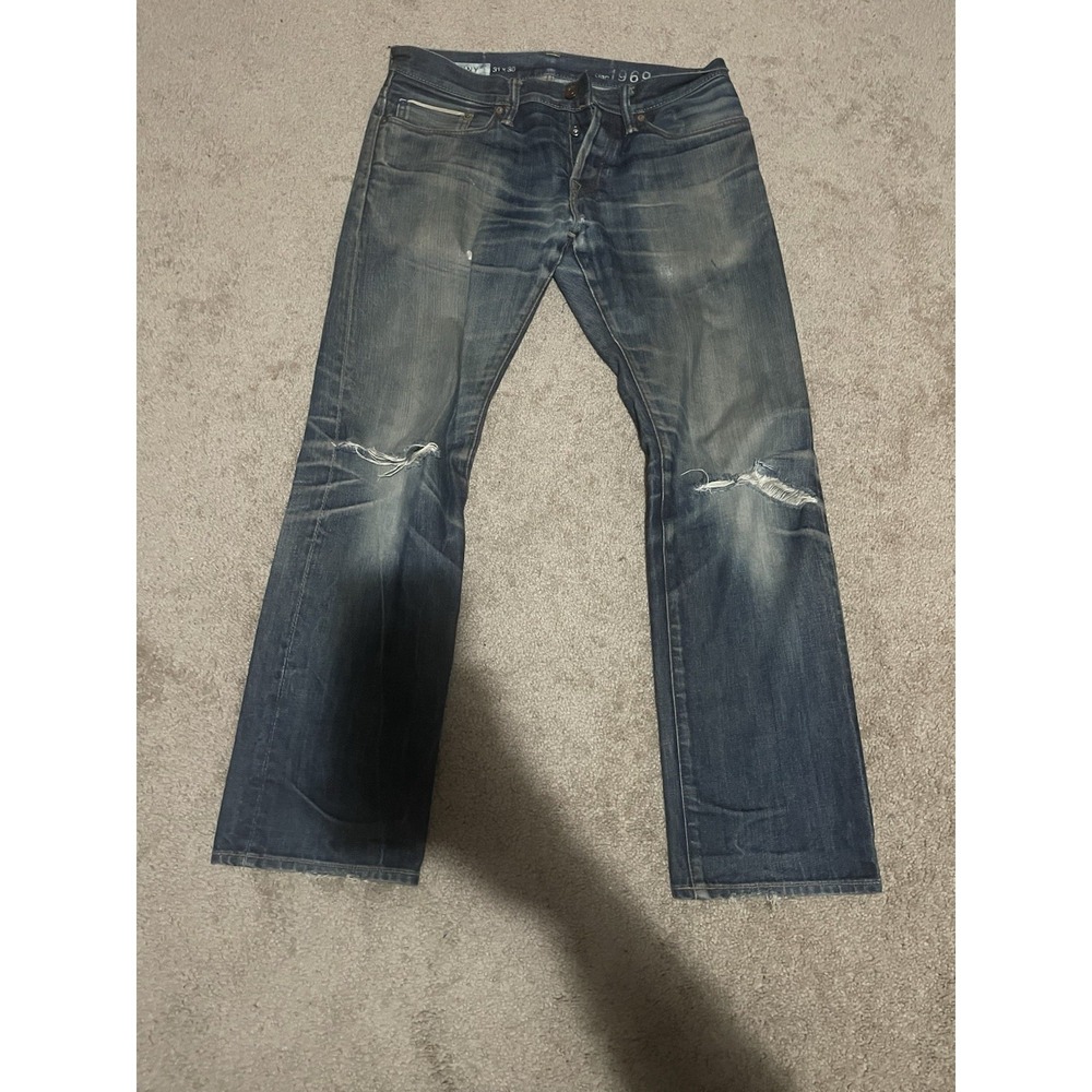 VTG Gap 1969 Fly Button Selvedge Blue Disteressed Skinny Jeans Size 31x30